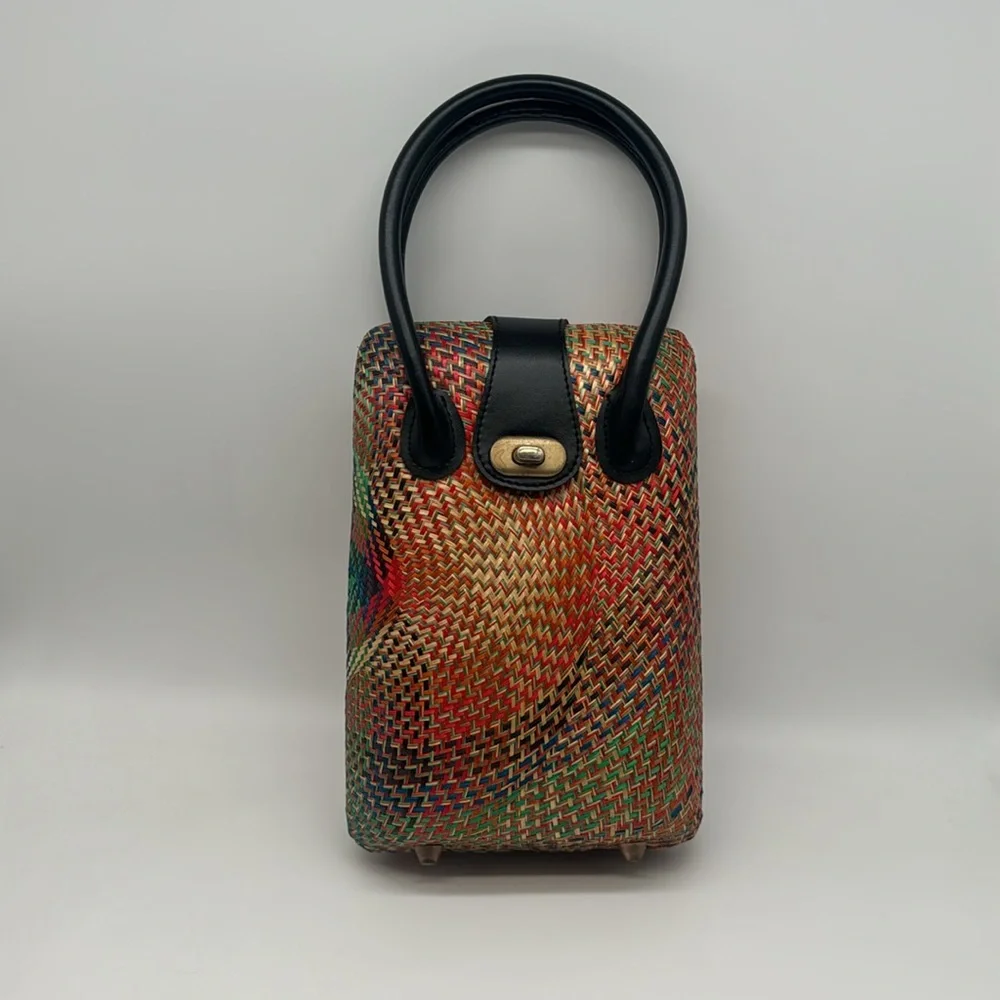 Vintage 70s Red Natural Straw Palm Leaf Rattan Rare Colorful Handbag Purse Bag - Picture 2 of 15